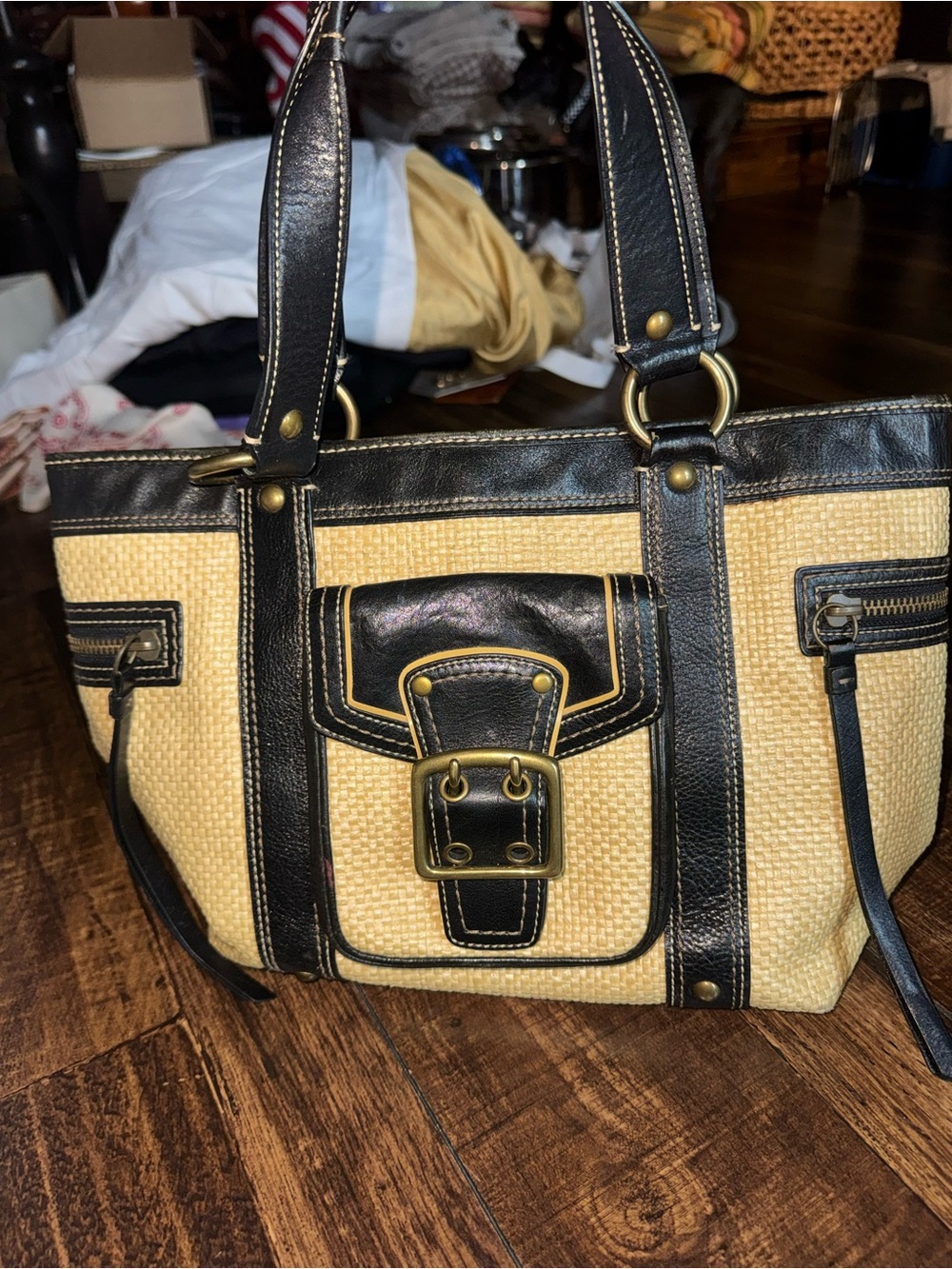 🖤 Vintage Coach Straw & Black Leather Tote – Y2K